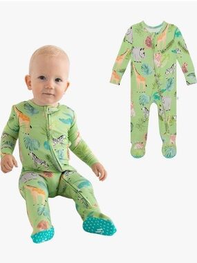 Posh Peanut Green Safari Print Footed One-Piece